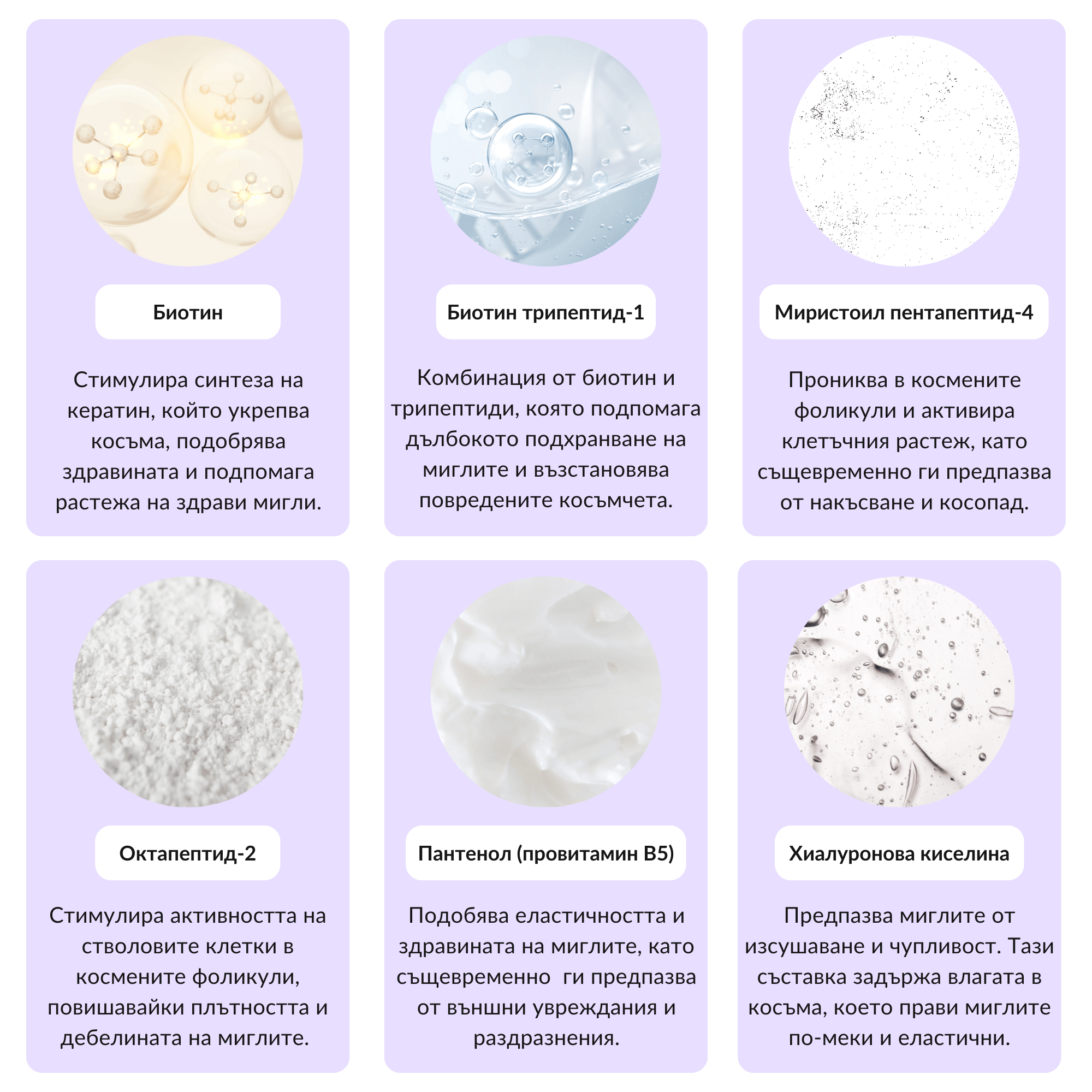 Основни съставки в серума за мигли Cutisora: Биотин, Биотин трипептид-1, Миристоил пентапептид-4, Октапептид-2, Пантенол, Хиалуронова киселина – всички работят за стимулиране на растежа и укрепването на миглите.