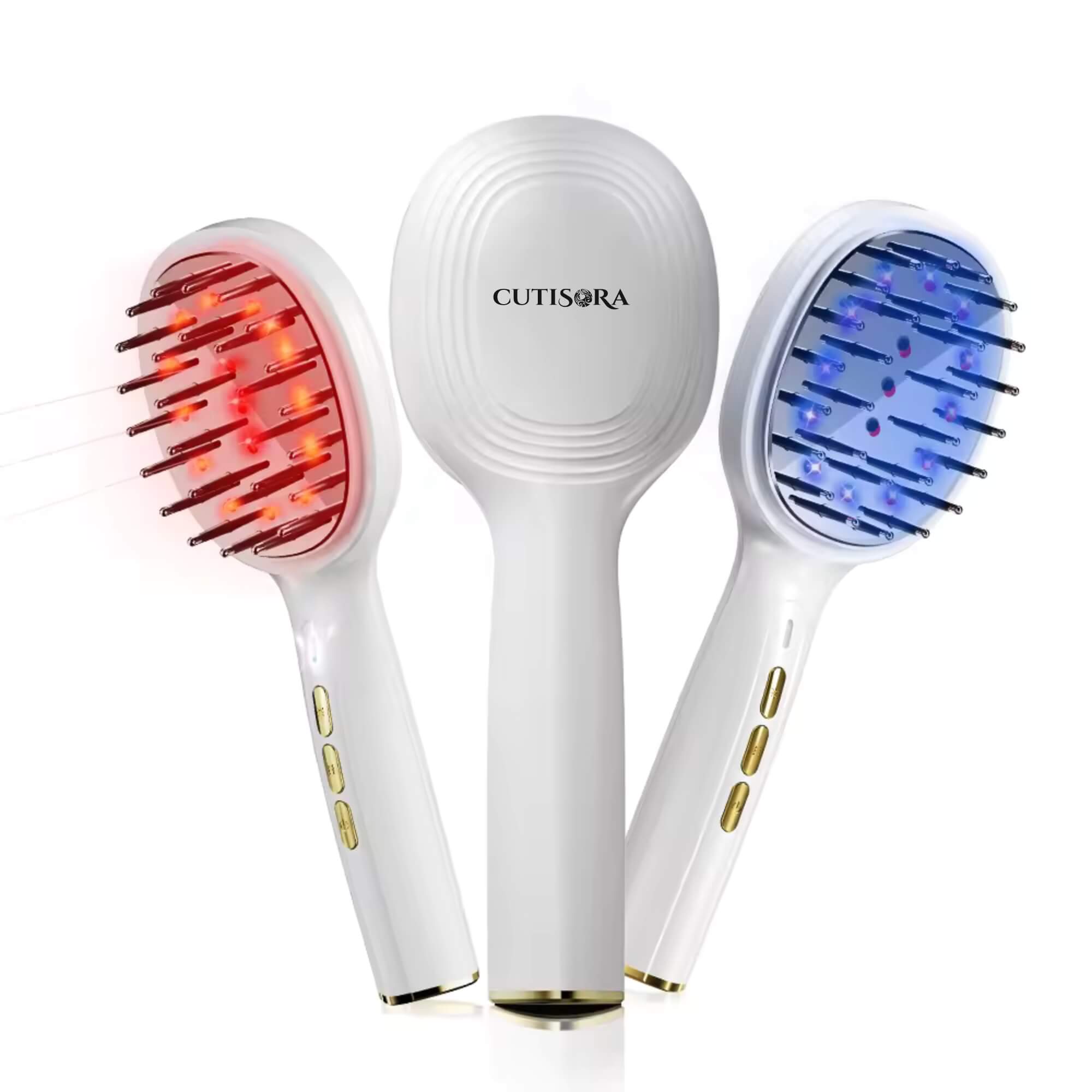 Масажираща LED четка за скалп Cutisora Scalp Expert с червена и синя LED светлина, демонстрираща двата режима на работа.