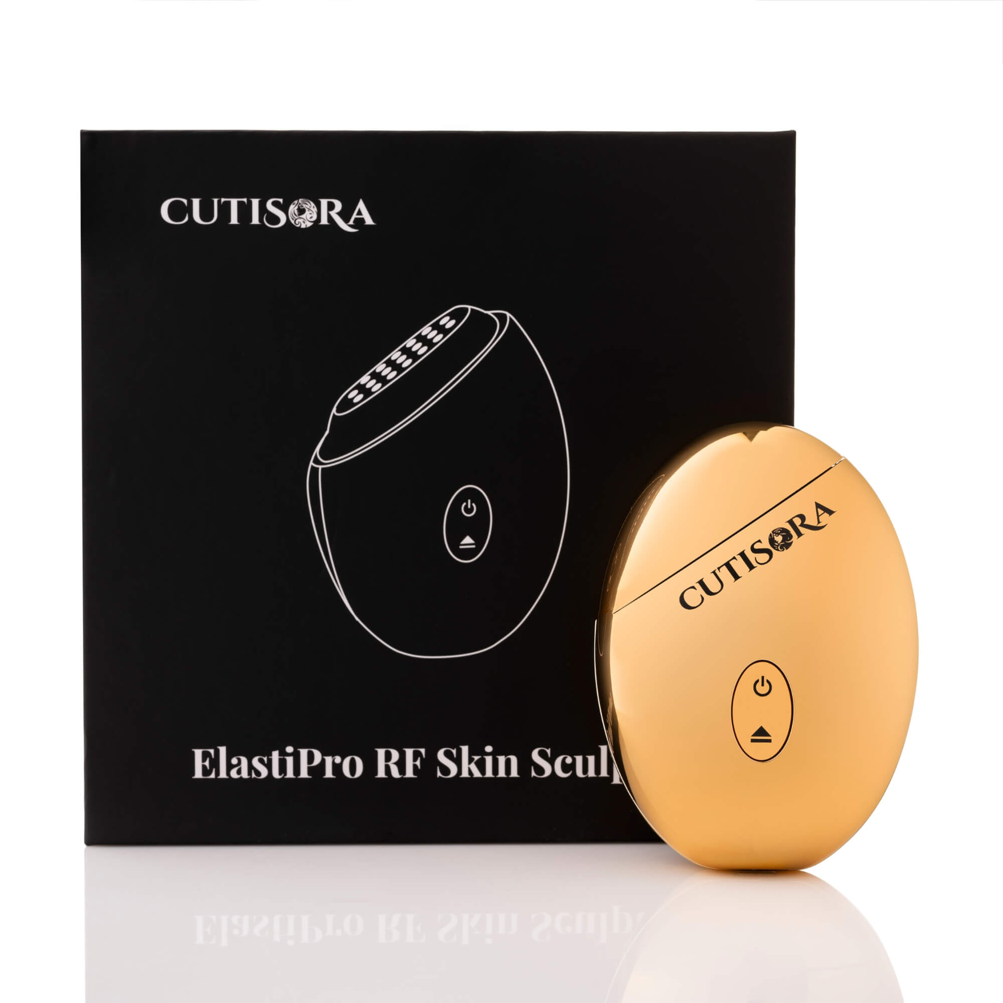 Радиочестотен лифтинг ElastiPro RF Skin Sculptor от Cutisora до елегантната си черна опаковка, подчертаваща високото качество и дизайн.